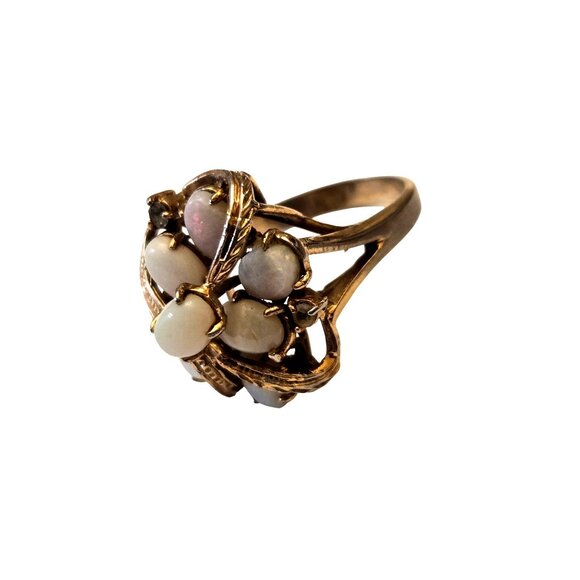 Vintage Opal and Rhinestone Cluster Ring Gold Leaf Design Size 5 - Picture 2 of 10